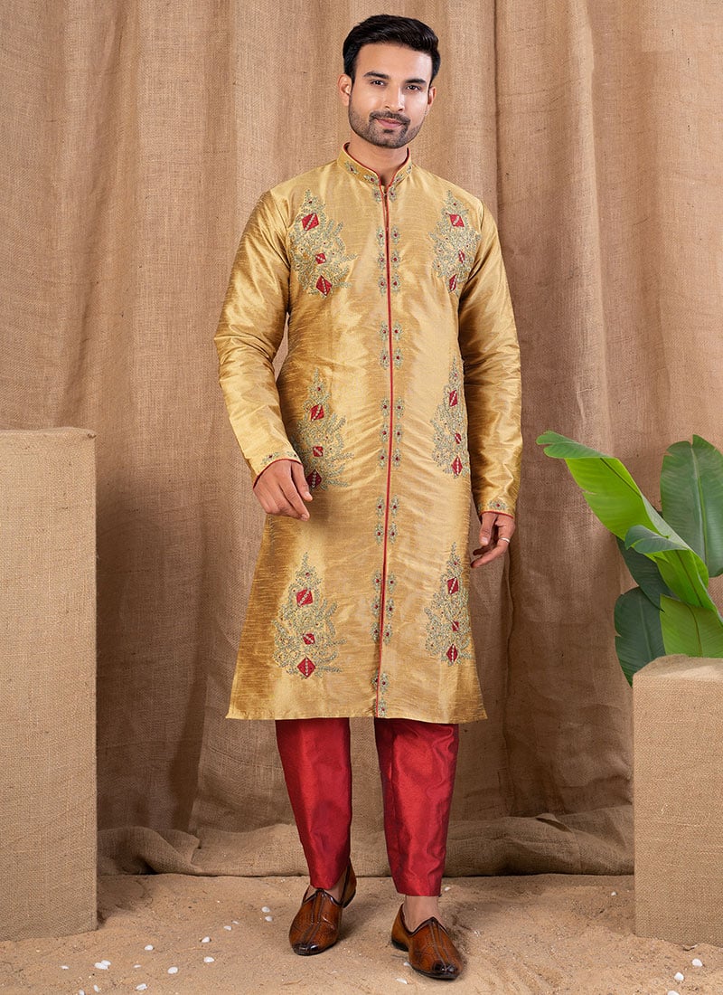 Gold Silk Embroidered Indowestern Sherwani Festive Wear