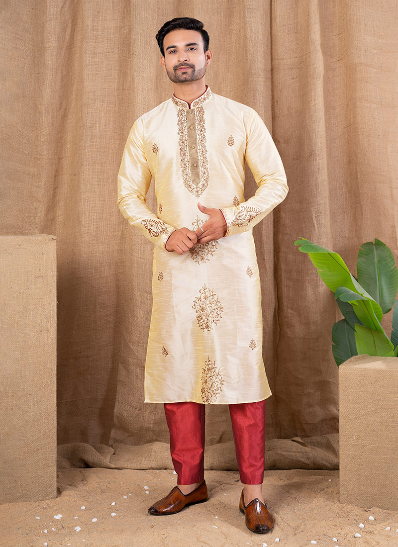 Gold Silk Embroidered Kurta Pyjama