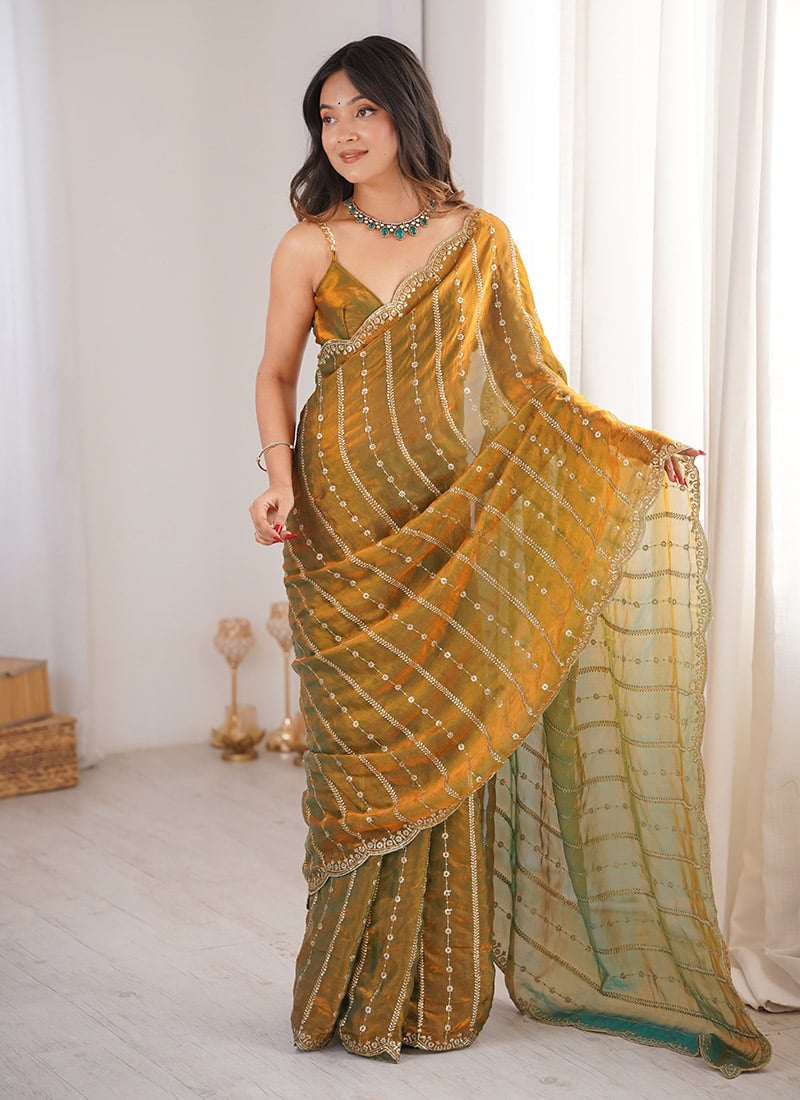Gold Silk Embroidered Sequins Saree Party Wear