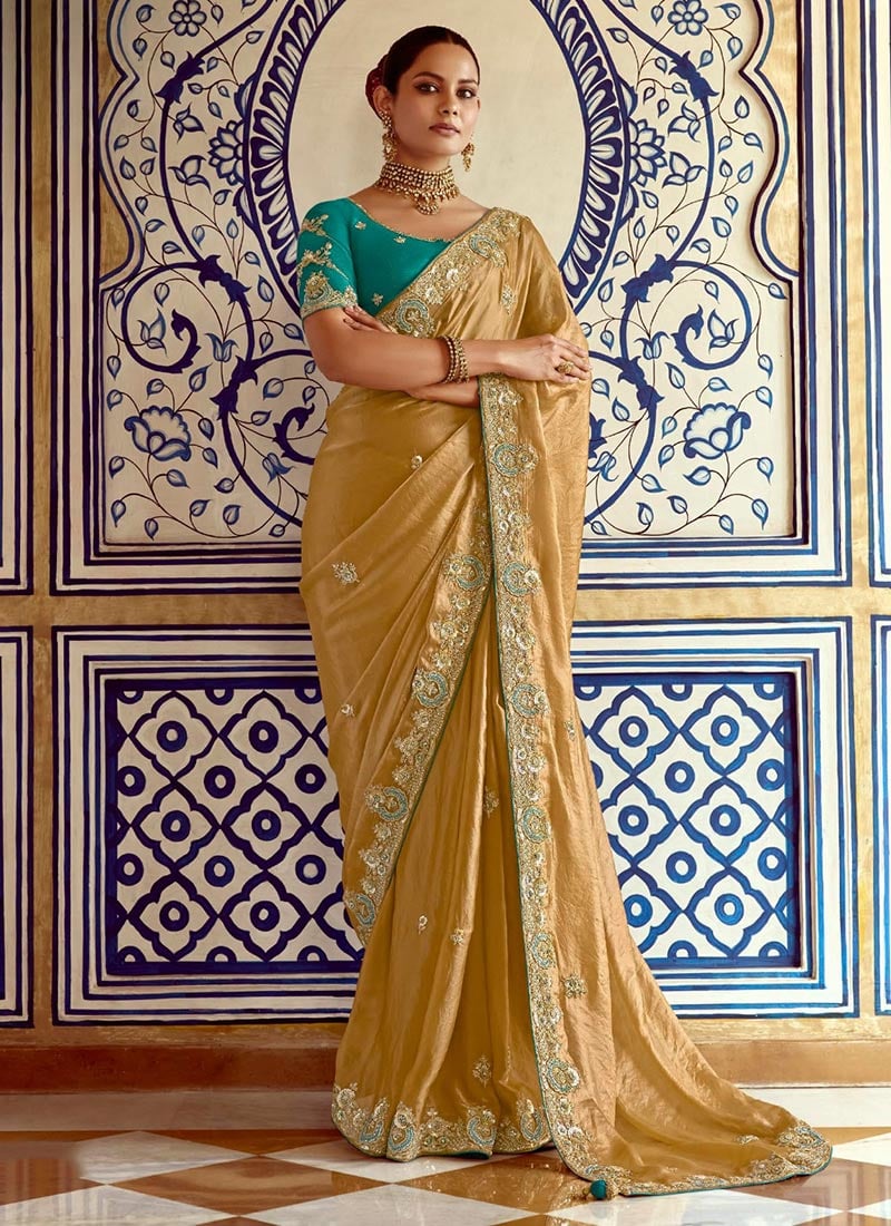 Gold Silk Embroidered Sequins Stone And Beads Work Breathtaking Saree Wedding Wear