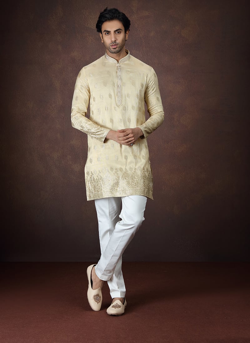 Gold Silk Embroidered Zari Kurta Pyjama Festive Wear