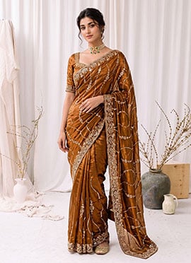 Gold Silk Hand Embroidered Sequins With Stone Cutdana Work Saree