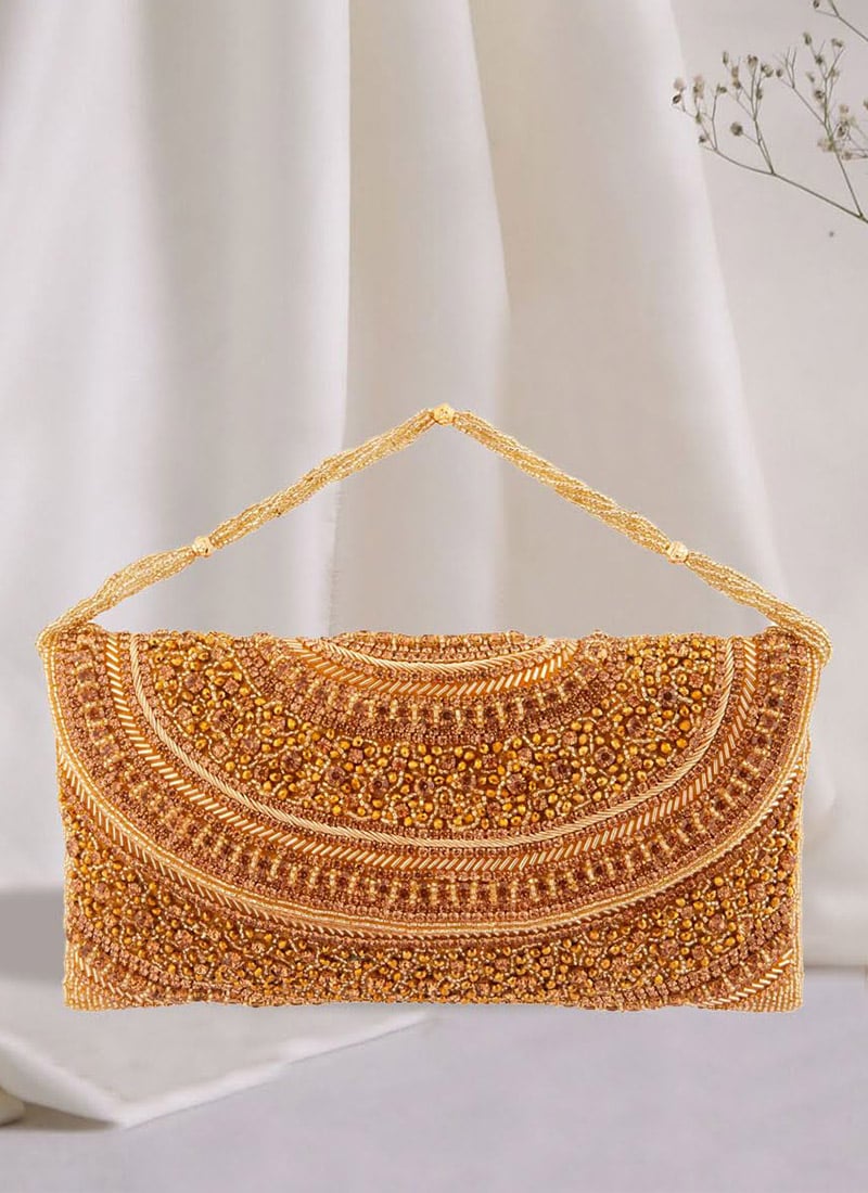 Gold Silk Heavy Stone Work Party Clutch After Six Wear