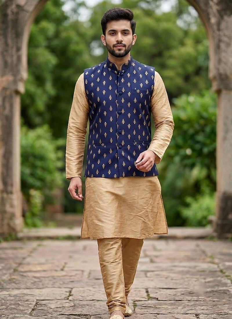 Gold Silk Jacquard Bandi Kurta Pyjama Set Festive Wear