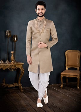 Gold Silk Jacquard Indowestern Sherwani