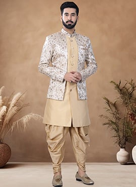 Gold Silk Jacquard Indowestern Sherwani