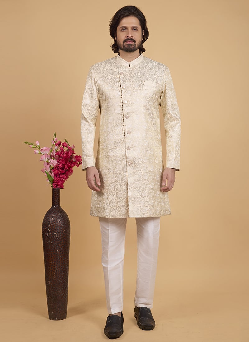 Gold Silk Jacquard Indowestern Sherwani Wedding Wear