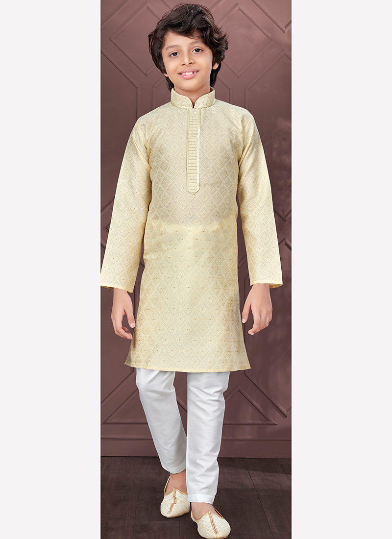 Gold Silk Jacquard Kids Boys Kurta Pyjama Festive Wear
