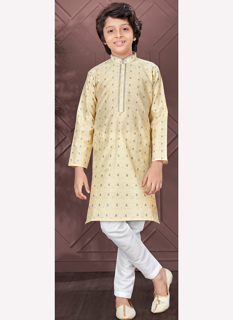 Gold Silk Jacquard Kids Boys Kurta Pyjama Festive Wear