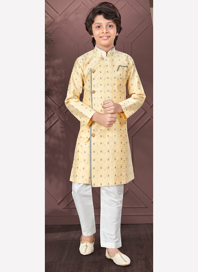 Gold Silk Jacquard Kurta Pyjama For Young Kids Boys Party Wear