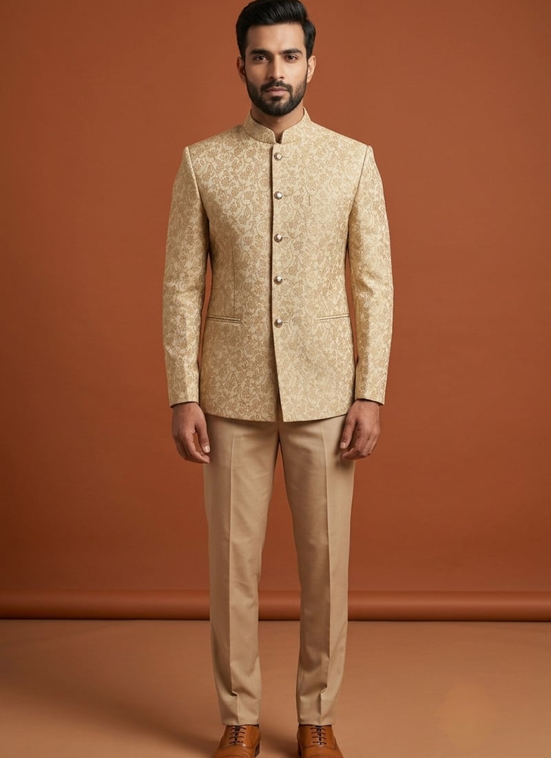Gold Silk Jacquard Thread Bandhgala Suit For Men Wedding Wear