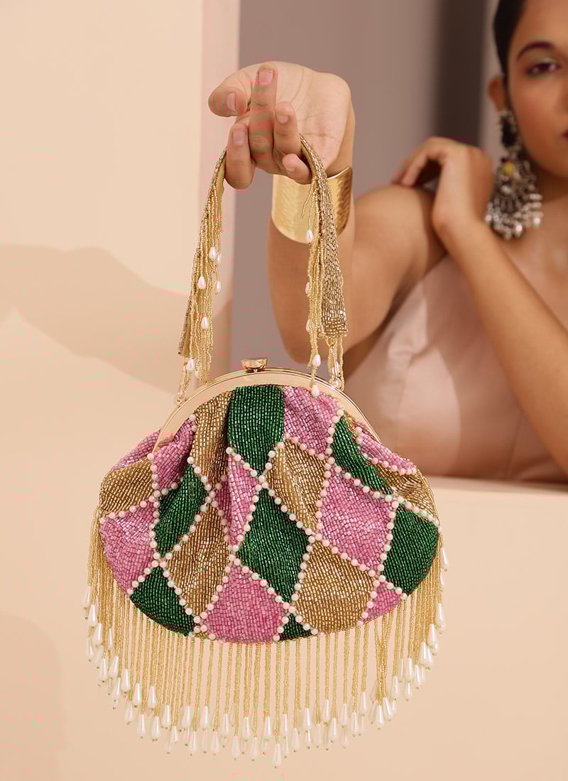Gold Silk Moti Clutch With Cut Dana Party Wear