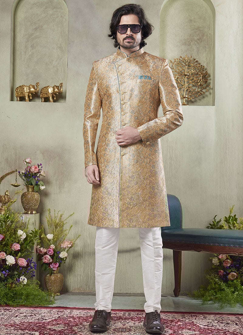 Gold Silk Printed Indowestern Sherwani Festive Wear