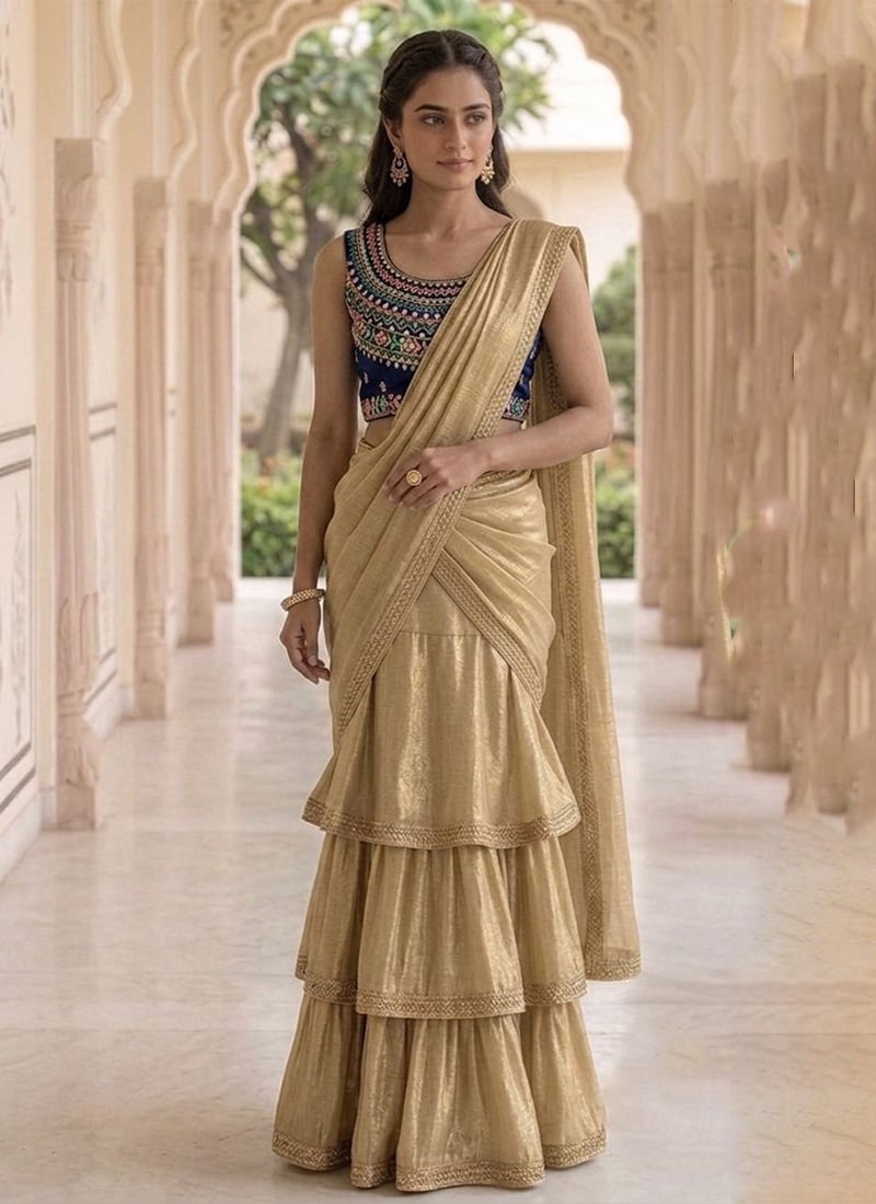 Gold Silk Shimmer Pre Draped Lehenga Saree After Six Wear
