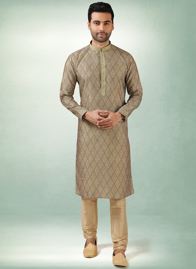 Gold Soft Art Silk Printed Kurta Pyjama Party Wear