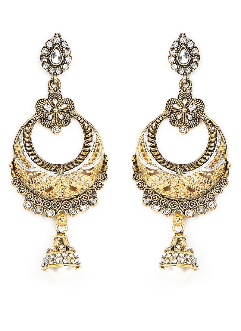 Buy Gold Stone Studded Foliage Designed Drop Earrings, drops Online