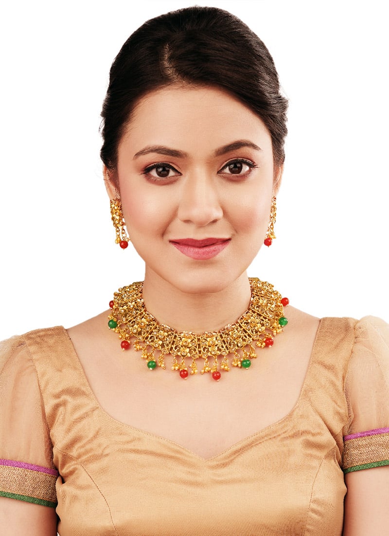 Gold Stones Moti Choker Festive Wear