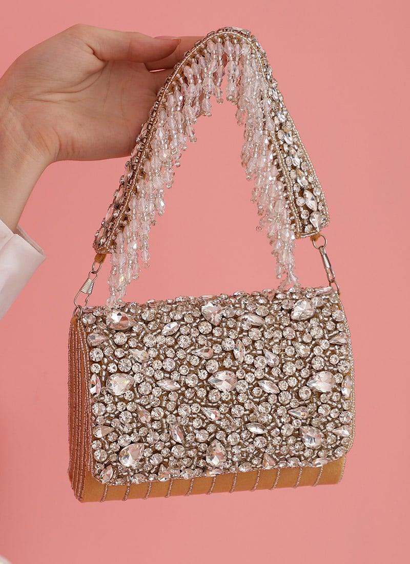 Gold Suede Clutch Embossed With Crystals And Stones Party Wear