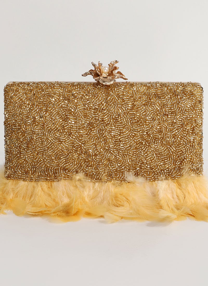 Gold Suede Cut Dana Beads Clutch Party Wear