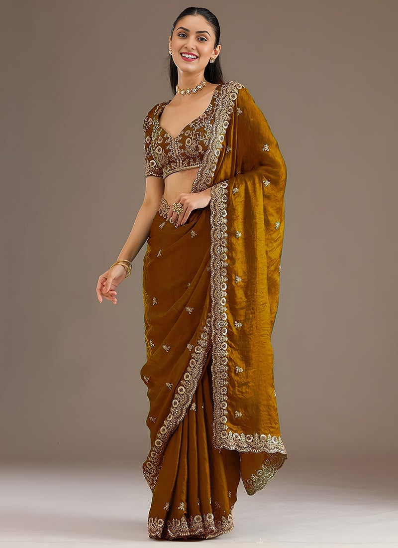 Gold Tissue Zari Embroidered Sequins With Stone Work Saree Wedding Wear