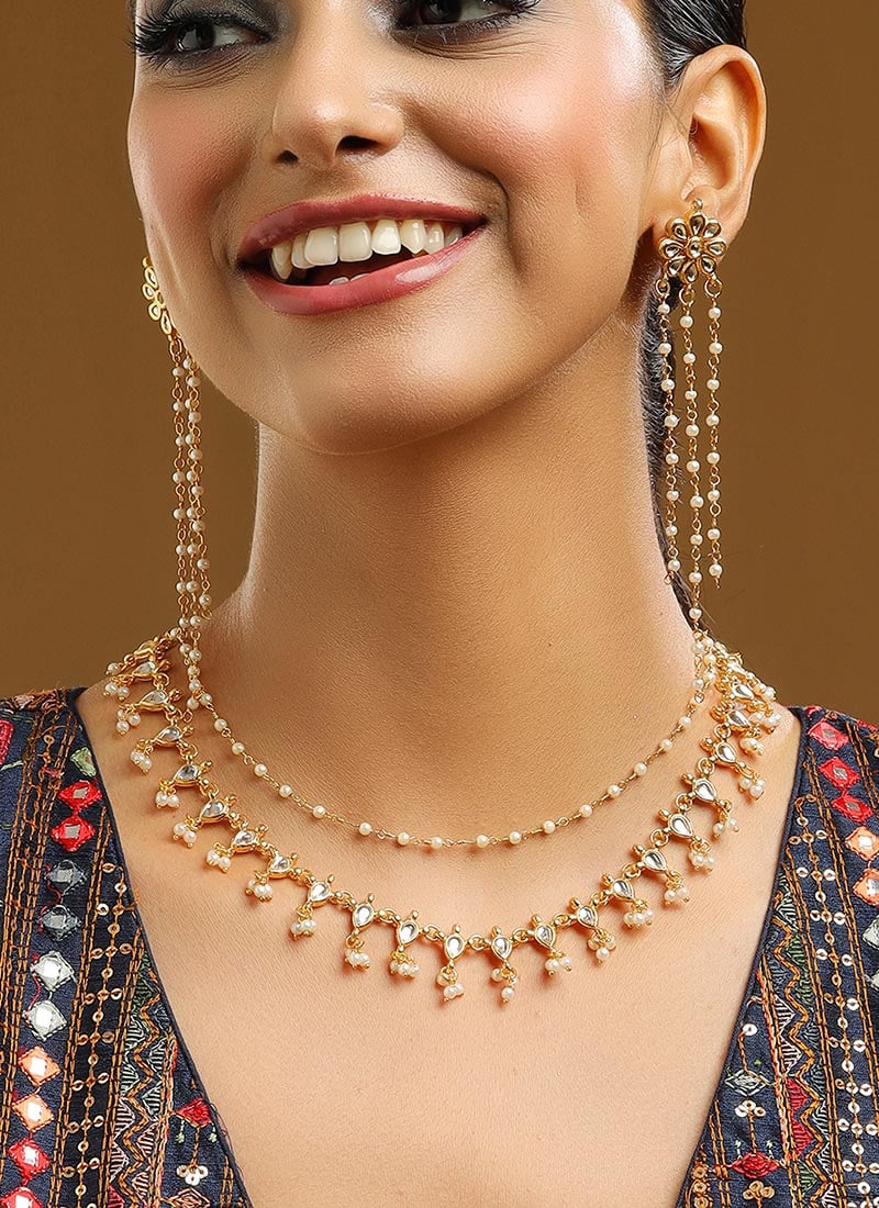 Gold Tone Kundan And Beads Layered Necklace