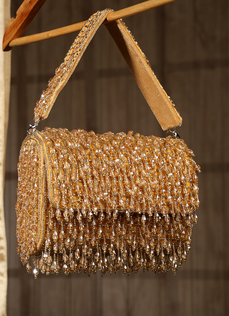 Gold Velvet Crystals Clutch With Cut Dana Work Party Wear