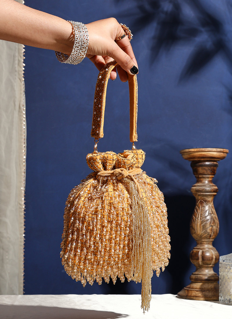 Gold Velvet Crystals Potli Party Wear