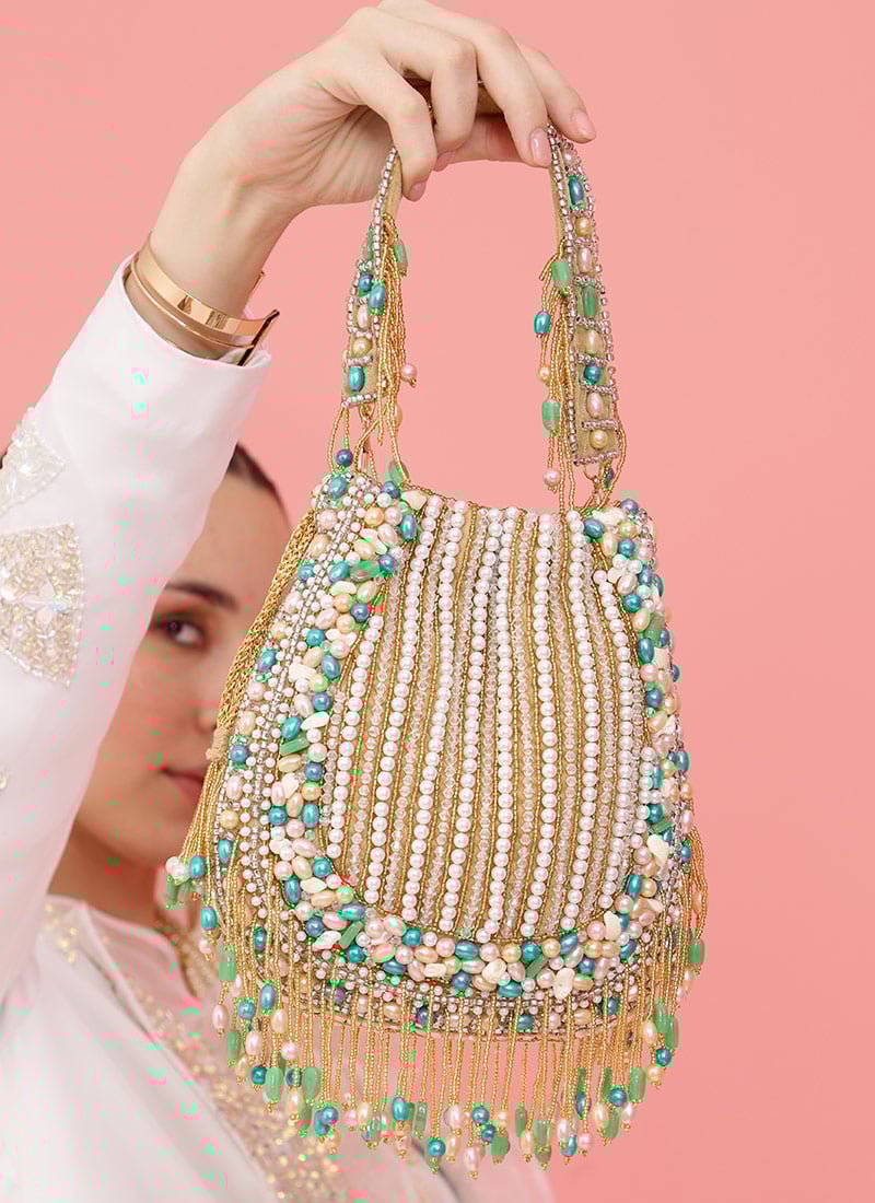 Gold Velvet Potli Embossed With Beads And Moti Party Wear