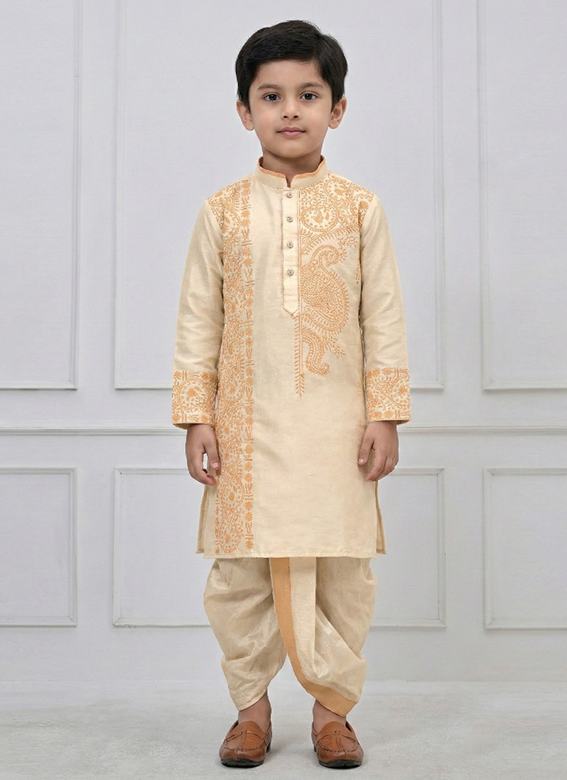 Gold Viscose Embroidered Kids Boys Dhoti Kurta Pyjama Festive Wear