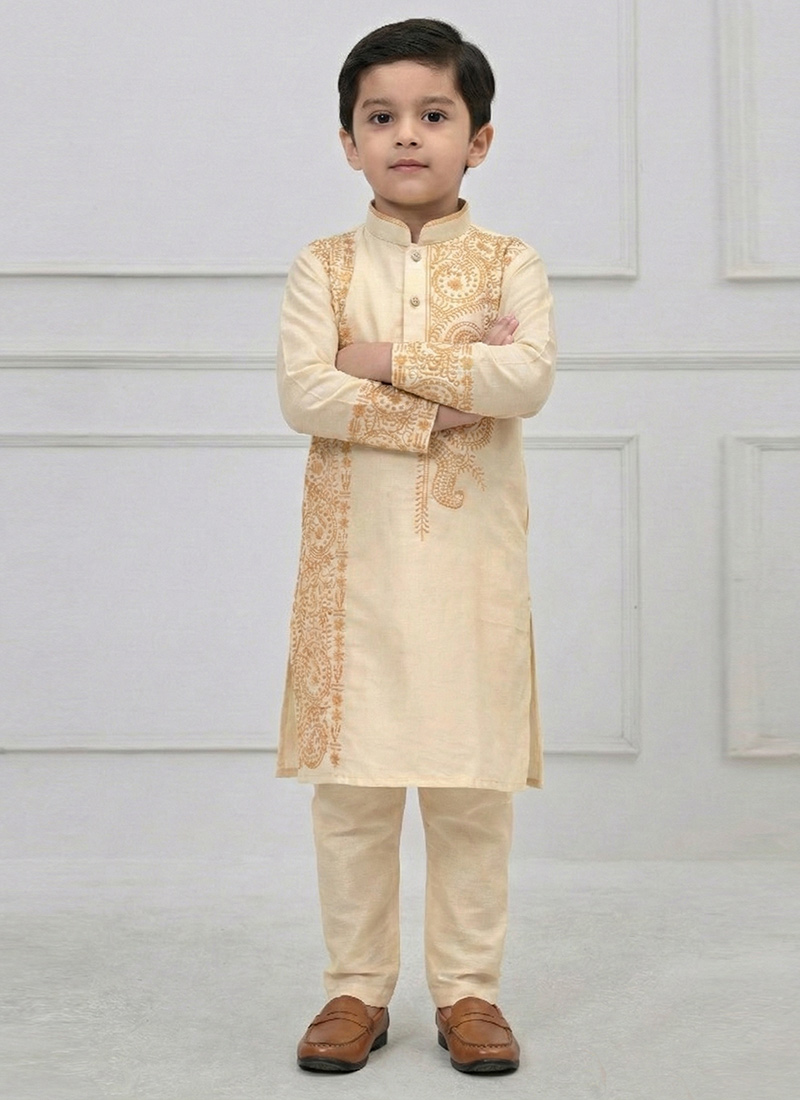Gold Viscose Embroidered Kids Boys Kurta Pyjama Festive Wear
