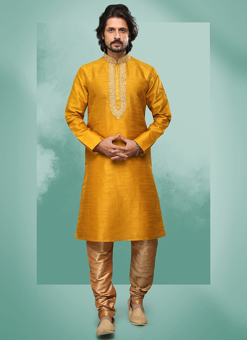 Golden Art Silk Machine Work Kurta Pyjama Party Wear