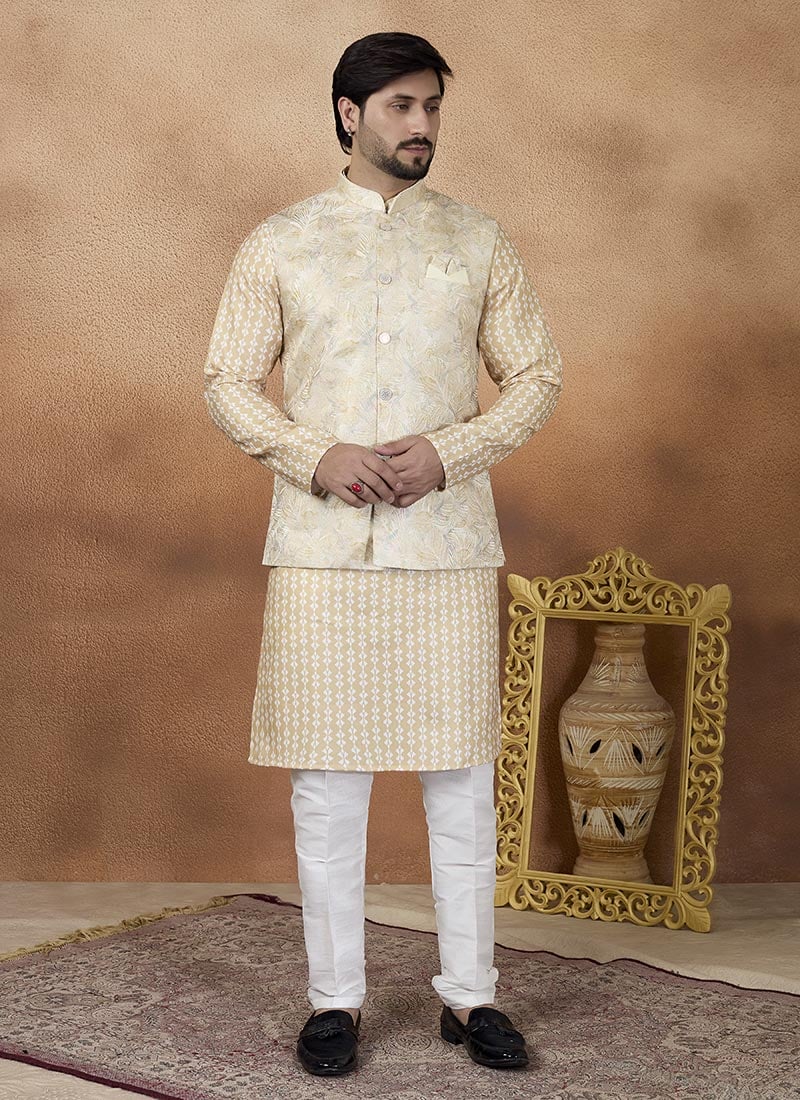 Golden Banarasi Silk Jacquard Print Badi Set Festive Wear