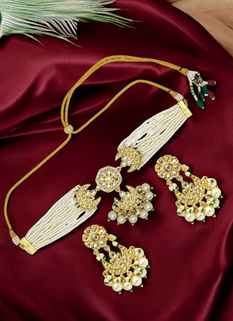 Golden Beads Kundan And Moti Work Choker Set Festive Wear