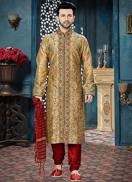 Golden Beige Art Dupion Silk Embroidered Kurta Pyjama