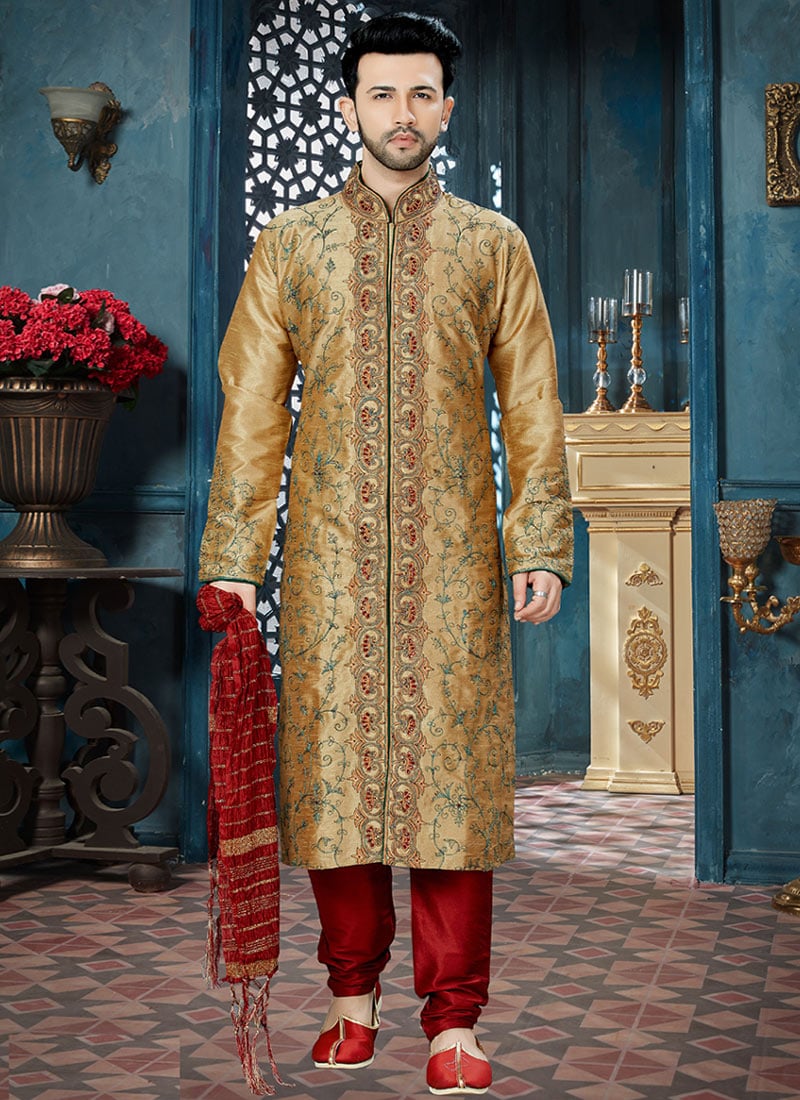 Golden Beige Art Dupion Silk Embroidered Kurta Pyjama