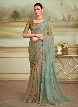 Golden Beige Georgette Embroidered Sequins Saree