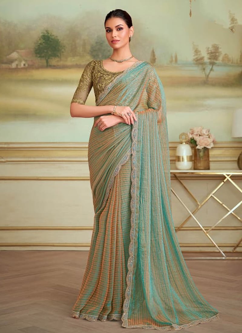 Golden Beige Georgette Embroidered Sequins Saree Festive Wear