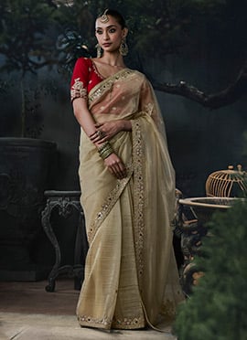 Golden Beige Tissue Silk Zari Embroidery Sequins Stone Work Saree