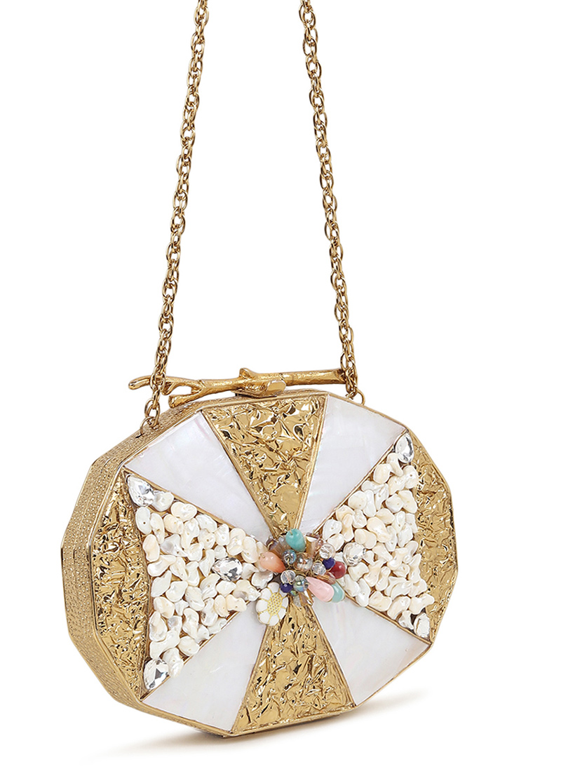 Golden Brass Kundan Stone Embossed Clutch Wedding Wear