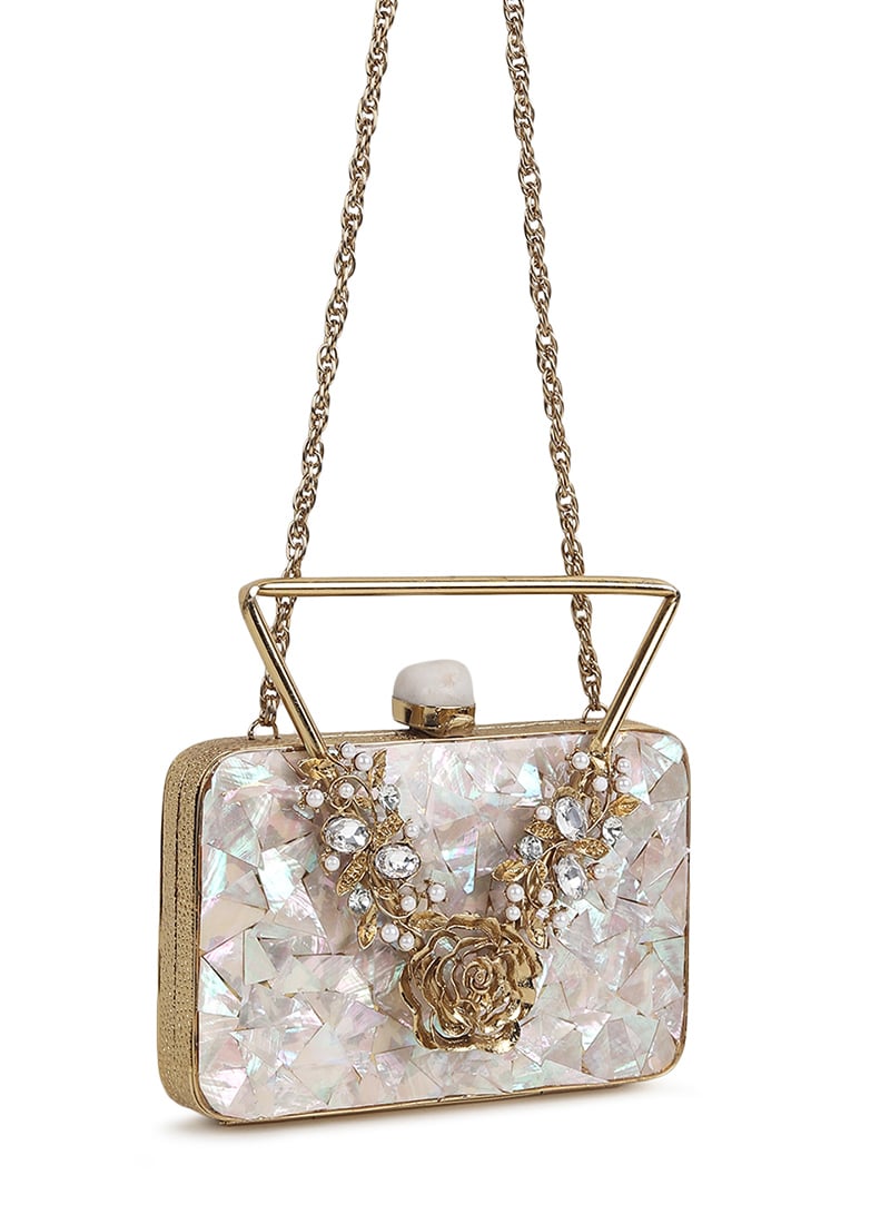 Golden Brass Moti Kundan Work Clutch Wedding Wear