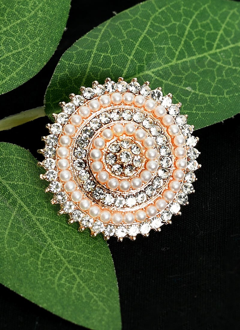 Golden Brass Pearl And Stones Ring Party Wear