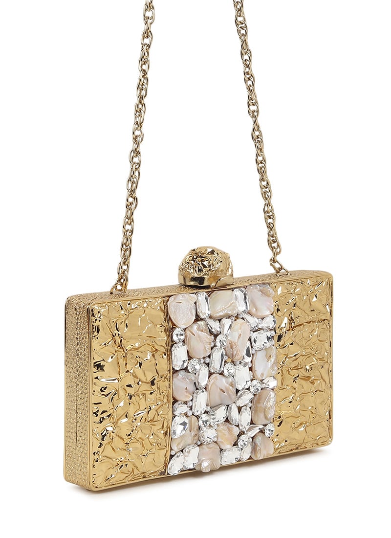 Golden Brass Stone Kundan Work Clutch Wedding Wear