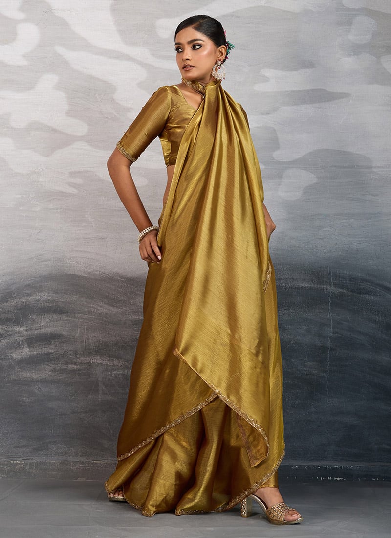 Golden Burberry Chiffon Plain Saree With Beads Cutdana Applique Lace Work