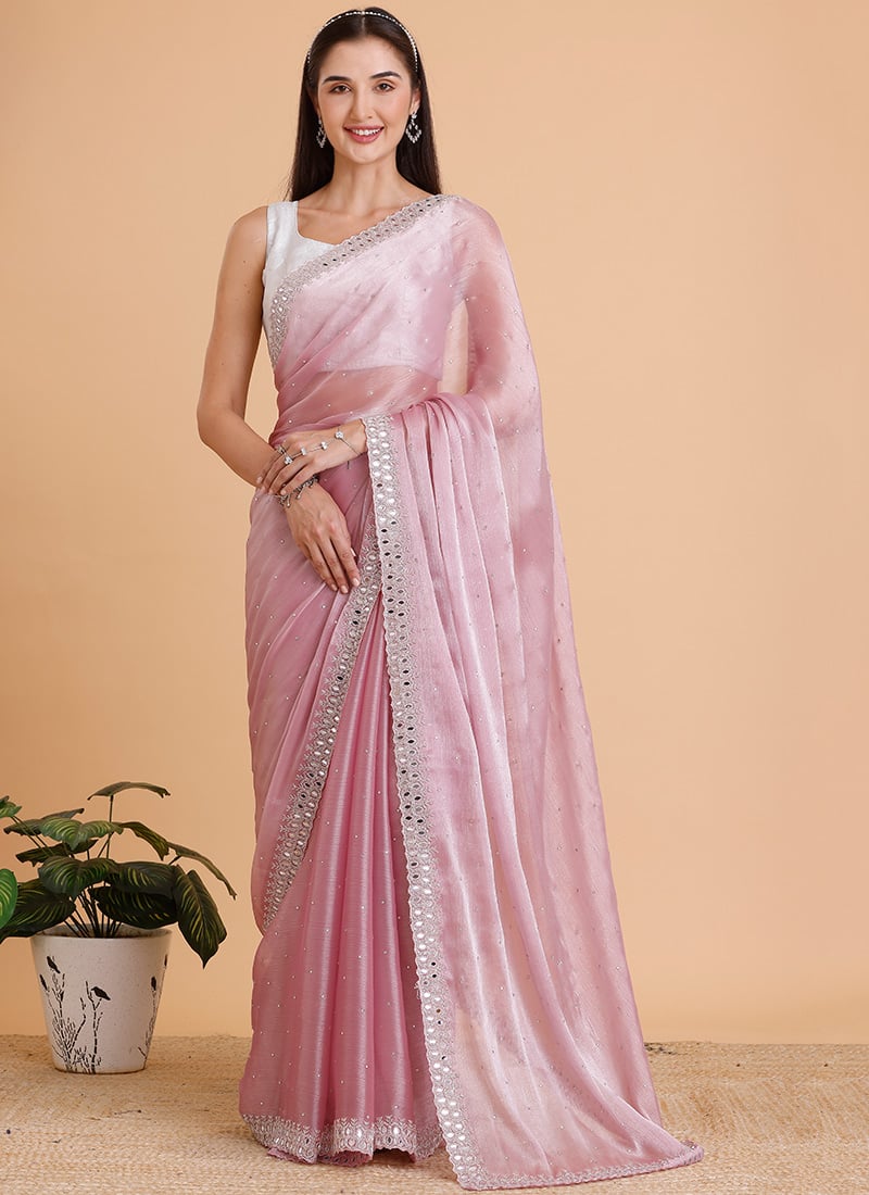 Pink Color Organza Hand Embroidered Saree Party Wear