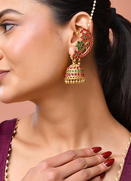 Golden Contemporary Kundna Beads Jhumka