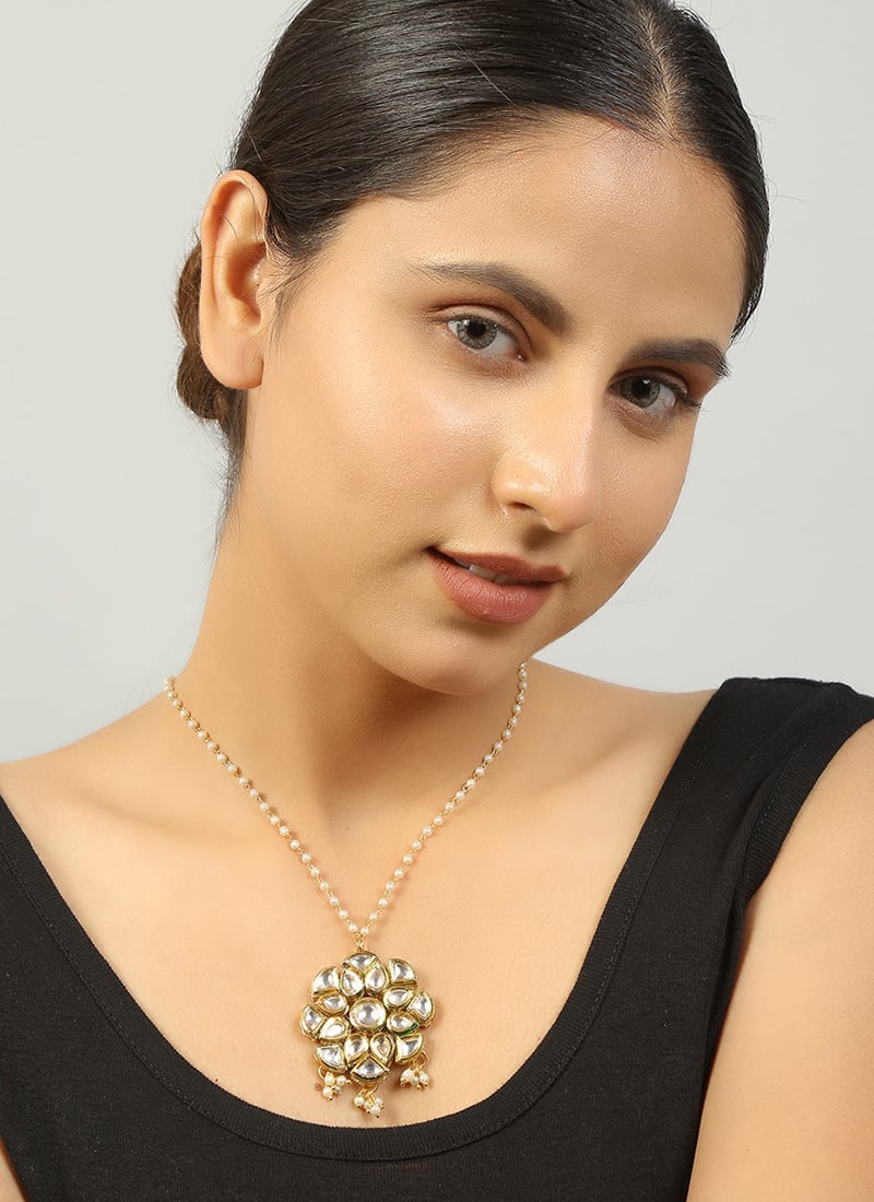 Golden Copper Kundan Necklace With Beads Festive Wear