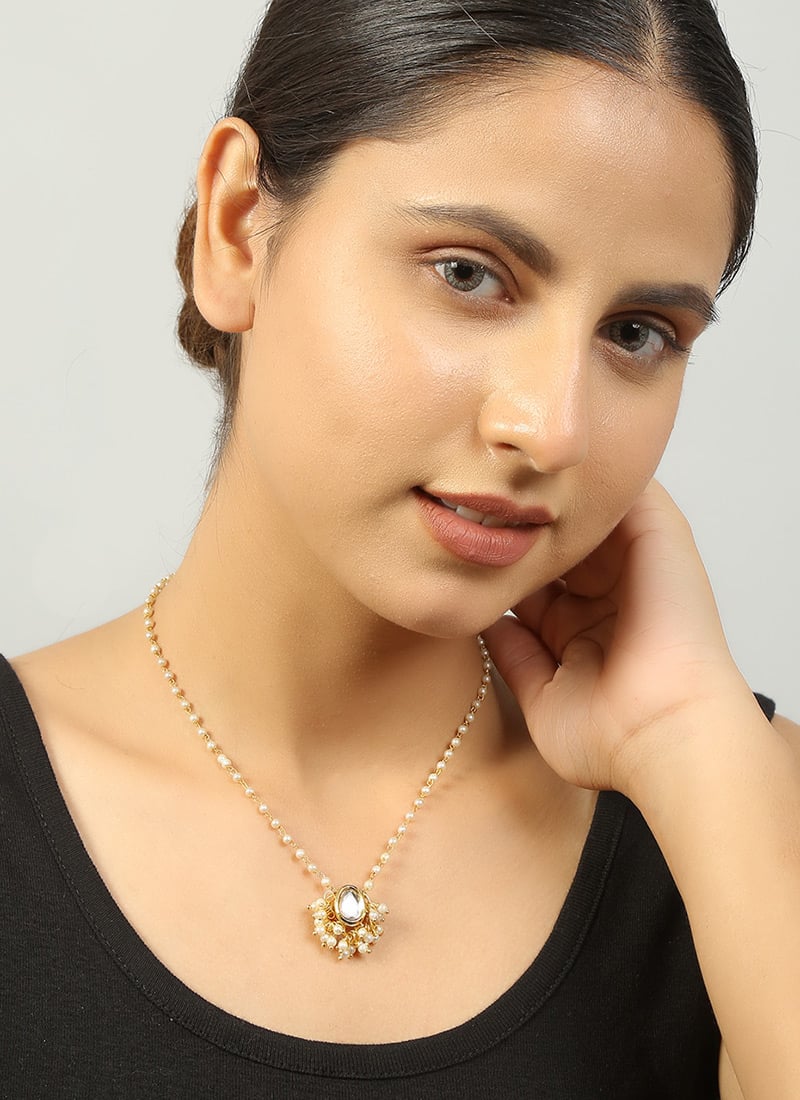 Golden Copper Kundan Necklace With Beads Festive Wear