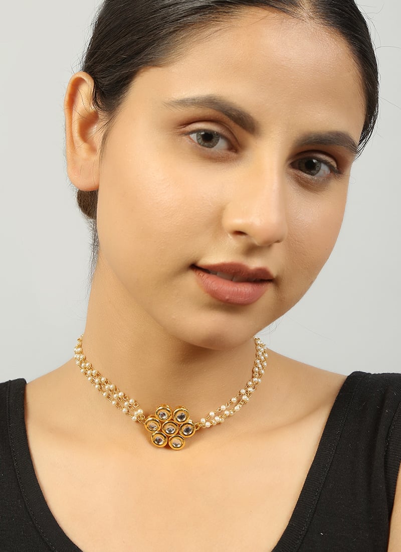 Golden Copper Kundan Necklace With Beads Festive Wear
