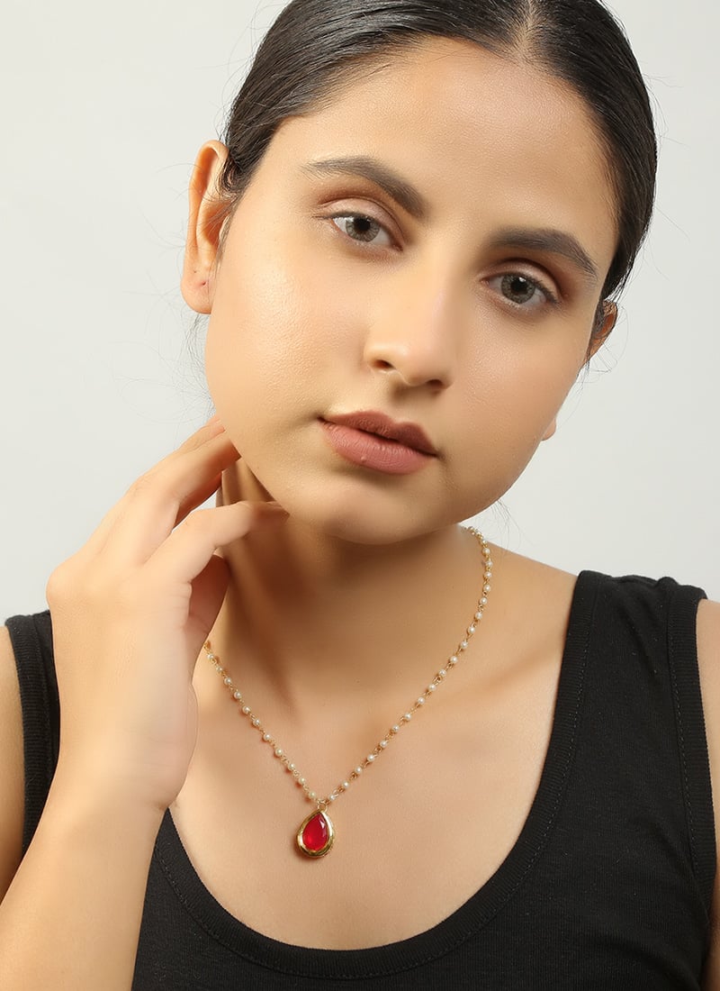 Golden Copper Kundan Necklace With Beads Festive Wear