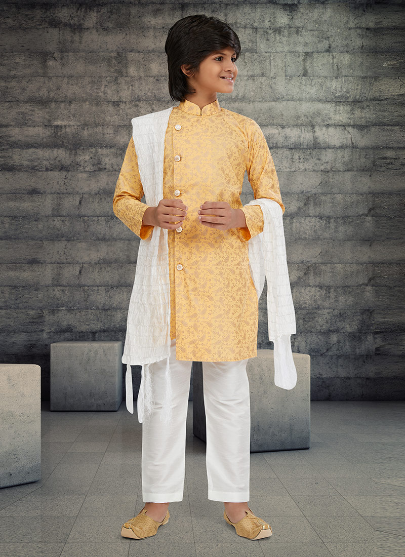 Golden Cotton Kids Boys Indowestern Sherwani Festive Wear